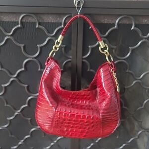Brahmin Red Crocodile-Embossed Hobo Bag with Gold Accents